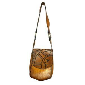 Vintage Sunshine Hard Leather Hand Tooled Bag Purse Ring Shoulder Strap 60s 70s